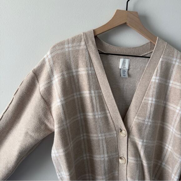 Joie Beige Plaid Cardigan long sleeve cable knit accent button down front - Picture 5 of 12